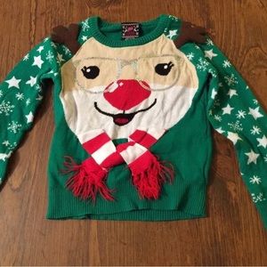 XS 4-5 Toddler Rudolph Reindeer Holiday Christmas Green Well Worn Sweater GUC